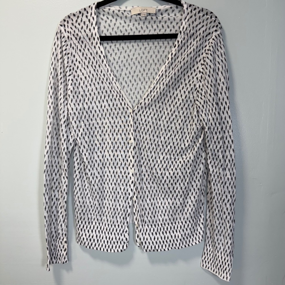 LOFT Ann Taylor Cardigan Sweater XL White Black Abstract Ikat Ramie Rayon 337653